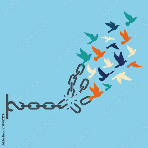 Broken Chain With Flying Birds For Freedom And Liberation Concept