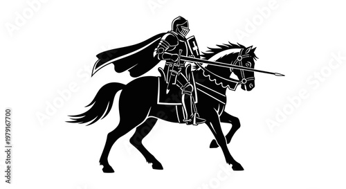Silhouette of a knight in armor on horseback with a lance, ready for battle