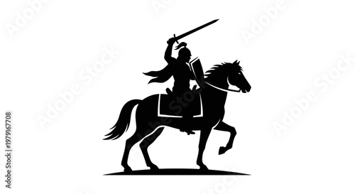 Silhouette of a knight on horseback with sword raised, symbolizing victory and medieval power.