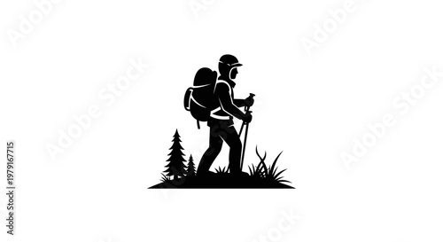 Silhouette of a Hiker with Backpack and Trekking Poles on a Hilltop