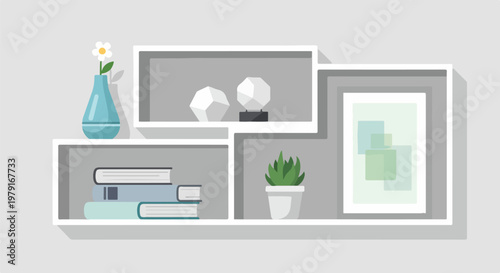Modern Minimalist Decorative Shelf with Various Items.