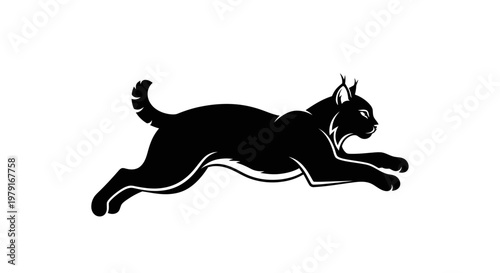 Silhouette of a running lynx, black cat predator in motion, isolated on white background