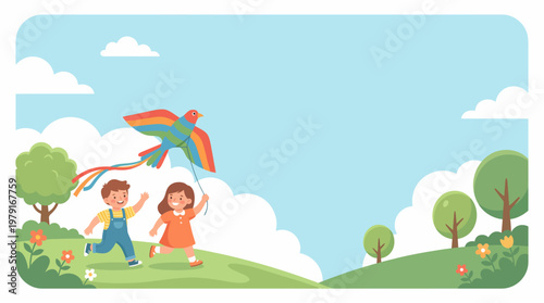 Two happy children running down a grassy hill, flying a colorful rainbow kite under a blue sky.