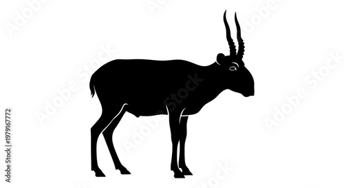 Silhouette of a Saiga Antelope with distinctive curved horns, isolated on white background.