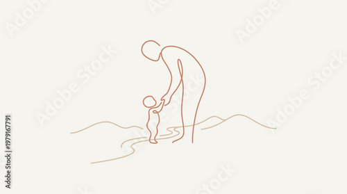Minimalist continuous line art illustration of a parent guiding a child taking their first steps on a path.