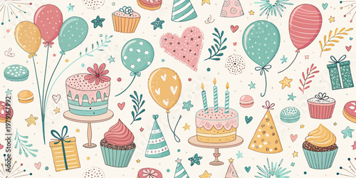 A colorful vector illustration of birthday party elements, including cakes, balloons, and gifts.