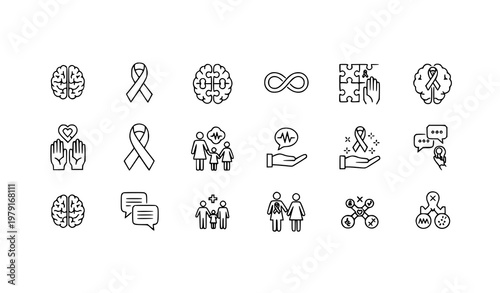 Minimal autism awareness line icon set with brain puzzle ribbon infinity symbol and support elements for medical and educational use