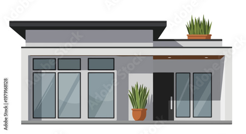 Modern Minimalist House Exterior with Potted Plants.