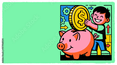 A cheerful cartoon boy deposits a large golden dollar coin into a pink piggy bank, illustrating concepts of saving money and financial growth.