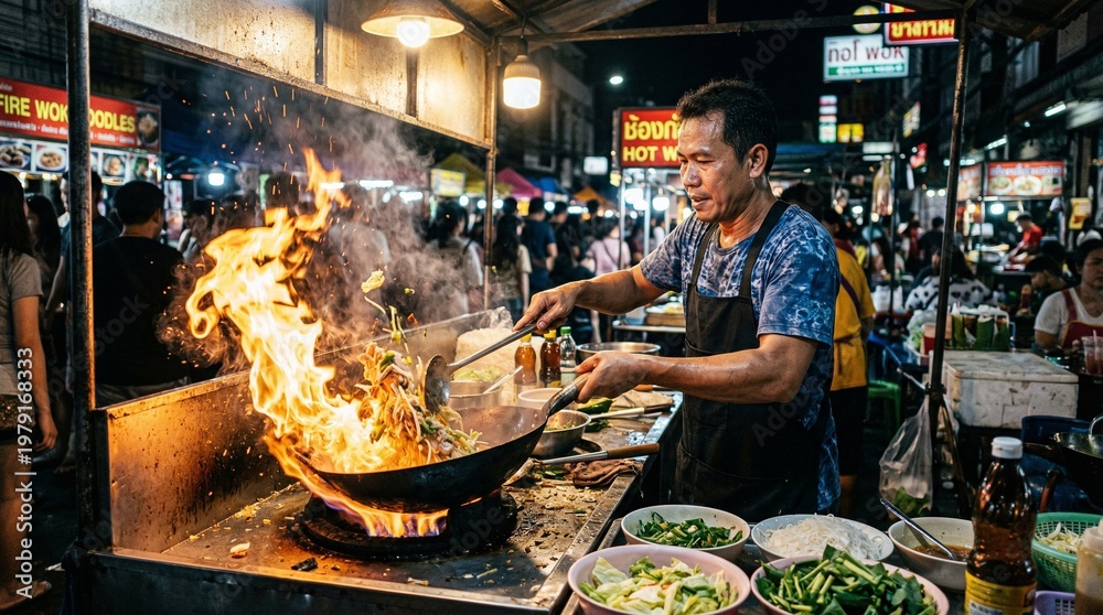 Fototapeta premium Street food vendor cooking with high flames in a bustling market at night with various ingredients