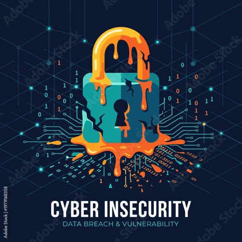 Cyber Insecurity Concept With Melting Padlock And Data Breach Data