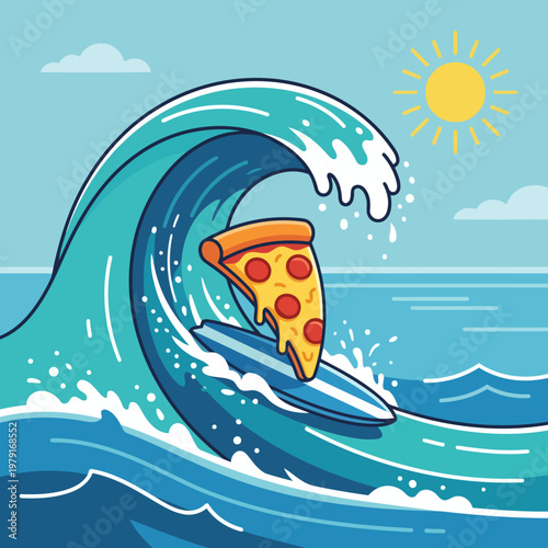 Funny Pizza Slice Surfing On A Big Ocean Wave Illustration