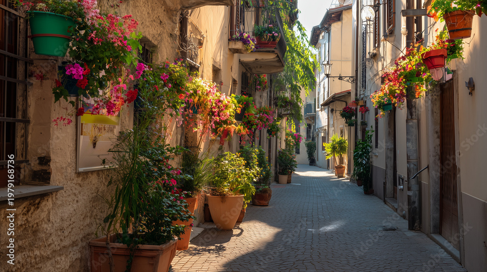 Obraz premium A narrow Italian street with flower boxes, morning light, soft focus