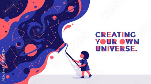 A child painting a colorful cosmic universe with planets, stars, and galaxies using a roller, illustrating creativity and imagination.