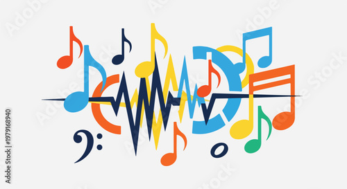 Colorful Music Notes and Sound Waves.