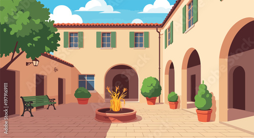 Courtyard with Fire Pit and Arches.