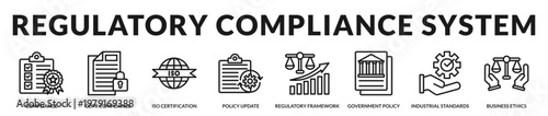 A comprehensive set representing structured compliance systems, global standards, and regulatory governance in corporate environments in Lineal Icon Style