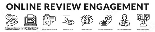Icons highlighting digital engagement through reviews, comments, and social interaction across online platforms in Lineal Icon Style