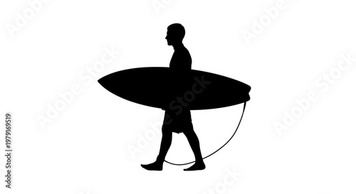 Man walking with surfboard silhouette.