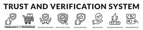 A secure themed icon set focused on trust validation, verified systems, and reputation building mechanisms in Lineal Icon Style