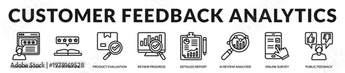 A data driven icon set designed to visualize customer feedback analysis, performance tracking, and review based decision insights in Lineal Icon Style