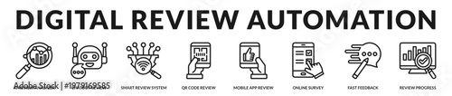 A modern automation themed icon set illustrating AI powered review systems and digital feedback processing tools in Lineal Icon Style