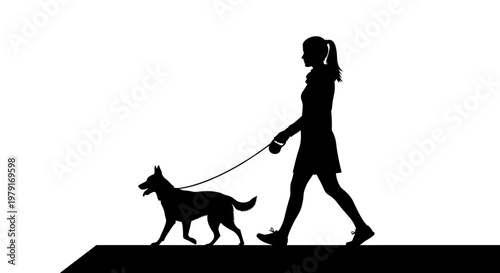 Woman Walking Dog Silhouette Profile.