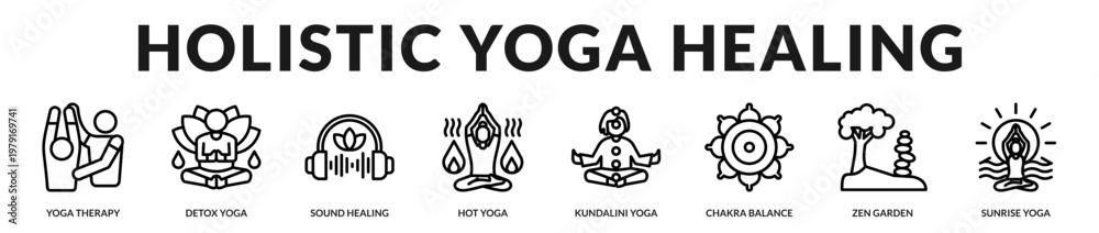 Fototapeta premium Icons illustrating holistic healing, energy balance, and spiritual wellness practices in yoga in Lineal Icon Style