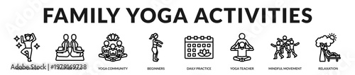 Icons representing yoga activities designed for families, children, and group interaction in Lineal Icon Style