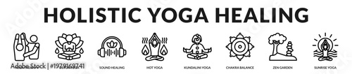 Icons illustrating holistic healing, energy balance, and spiritual wellness practices in yoga in Lineal Icon Style