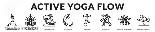 A dynamic icon set capturing active yoga flow, outdoor movement, and physical performance routines in Lineal Icon Style
