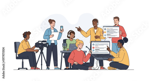 Diverse team creating digital content with video, laptop, and mobile devices