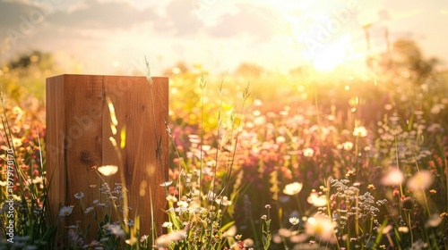 Golden Hour Sunlight Illuminates a Rustic Wooden Post in a Vibrant Wildflower Meadow.