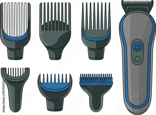 Vector illustration of electric hair clipper with multiple comb attachments for grooming styles