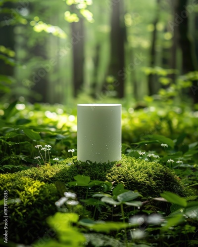 Minimalist White Cylinder Product Display in Lush Green Forest Setting.
