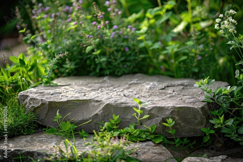 Natural Stone Slab in Lush Green Garden Setting.