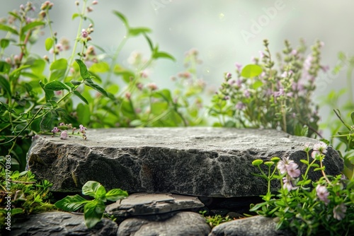 Natural Stone Podium in Lush Green Garden with Blooming Flowers.