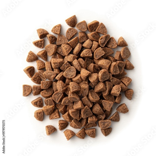 Overhead view of a pile of small, brown, irregularly shaped chocolate chips on a white background.