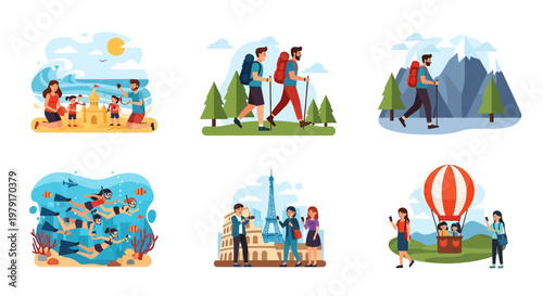 Diverse Travel and Leisure Activities: Beach, Hiking, Diving, City Tours, Hot Air Balloon