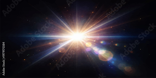 Cuadro en lienzo A bright sun glows in the blue galaxy sky as a shiny burst of energy and light r
