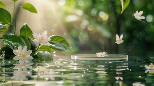 Serene Water Surface with Clear Podium and Delicate White Flowers in a Lush Green Environment.