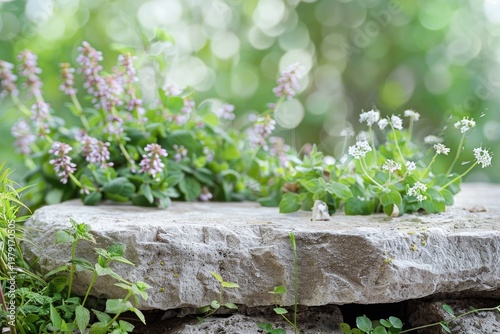 Small purple and white flowers growing on a stone wall in a garden.