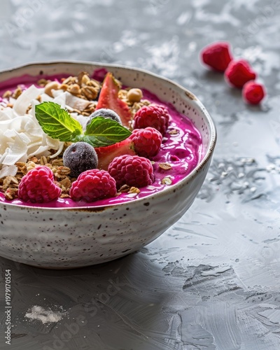 Vibrant Dragon Fruit Smoothie Bowl with Fresh Berries and Granola.