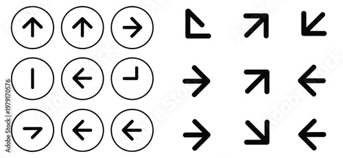 Collection of circular and linear arrow icons indicating direction, movement, and navigation.