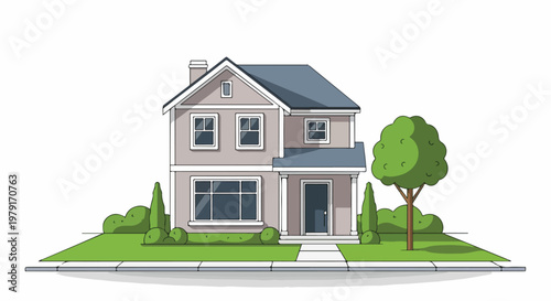 Two Story House with Blue Roof.