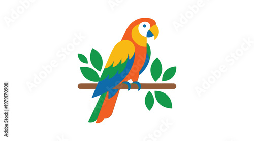Colorful parrot perched on branch with leaves.