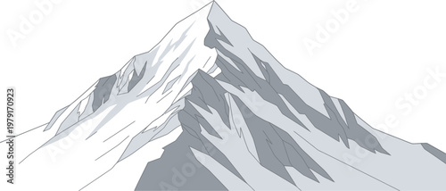 Sharp mountain peak covered in snow depicted with clean vector lines and artistic flat shading against a plain white backdrop