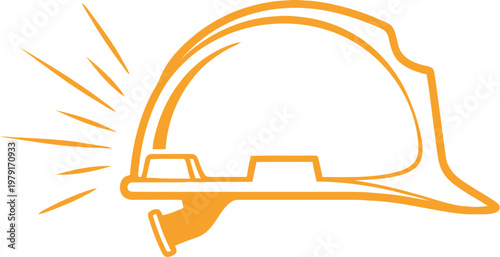 Minimalist orange construction helmet icon featuring radiating light rays isolated on a plain white background for professional industrial design concepts