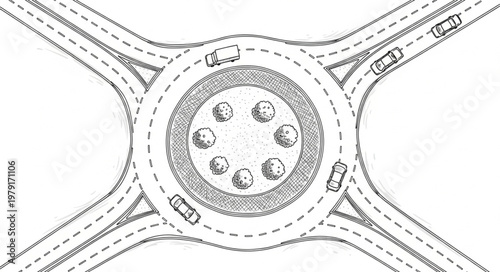 Aerial View of a Modern Roundabout Intersection with Traffic Flow.