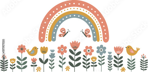 Vector illustration of an abstract floral background featuring a cute cartoon baby elephant with a heart and bird in a vintage nature pattern for a child greeting card design
